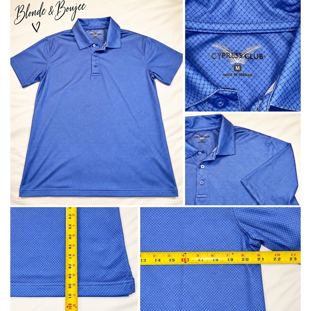 Cypress Club Mens Blue Geometric Grid Performance Golf Polo Shirt Size Medium